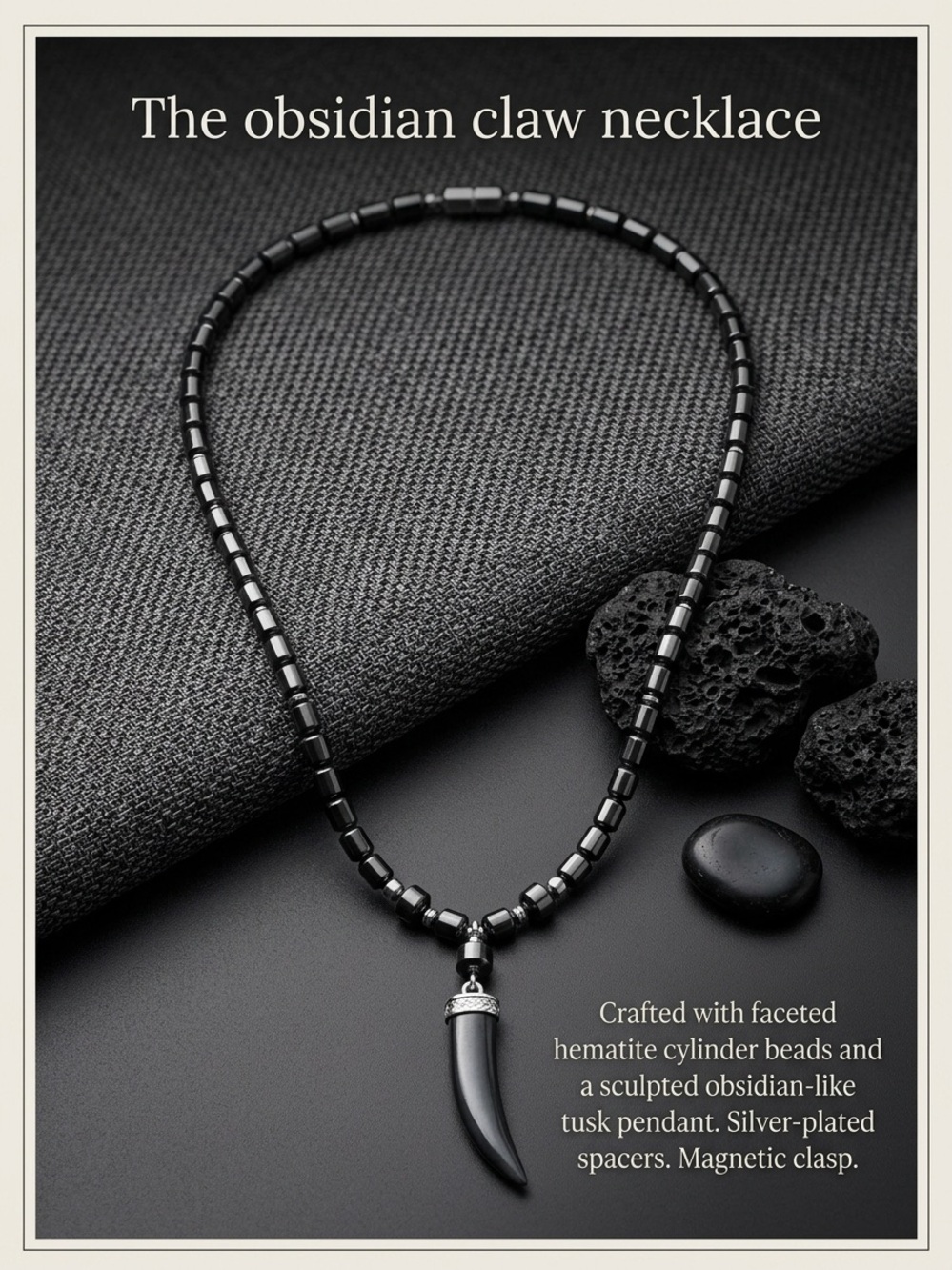 Obsidian Claw Pendant Necklace Hematite Beaded Tusk Protection Chain